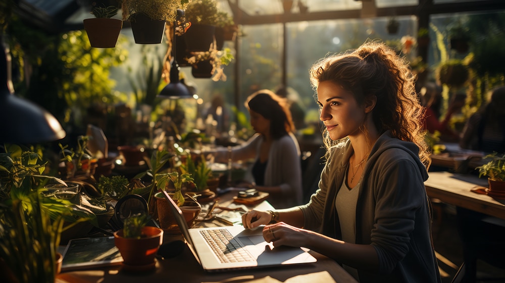 Mujer sentada, trabajando con un ordenador portátil, en una oficina llena de muchas plantas.